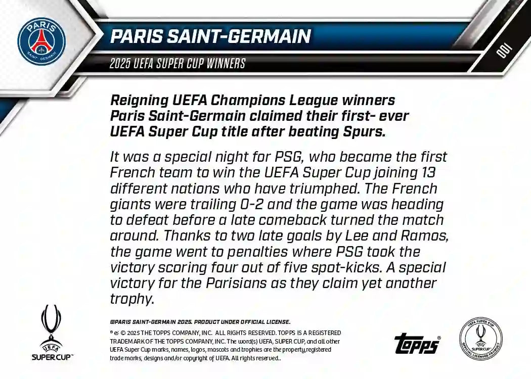 Topps Now - Uefa Champions League 2025-26 - Paris Saint Germain - UEFA SUPERCUP 2025 - Card #001