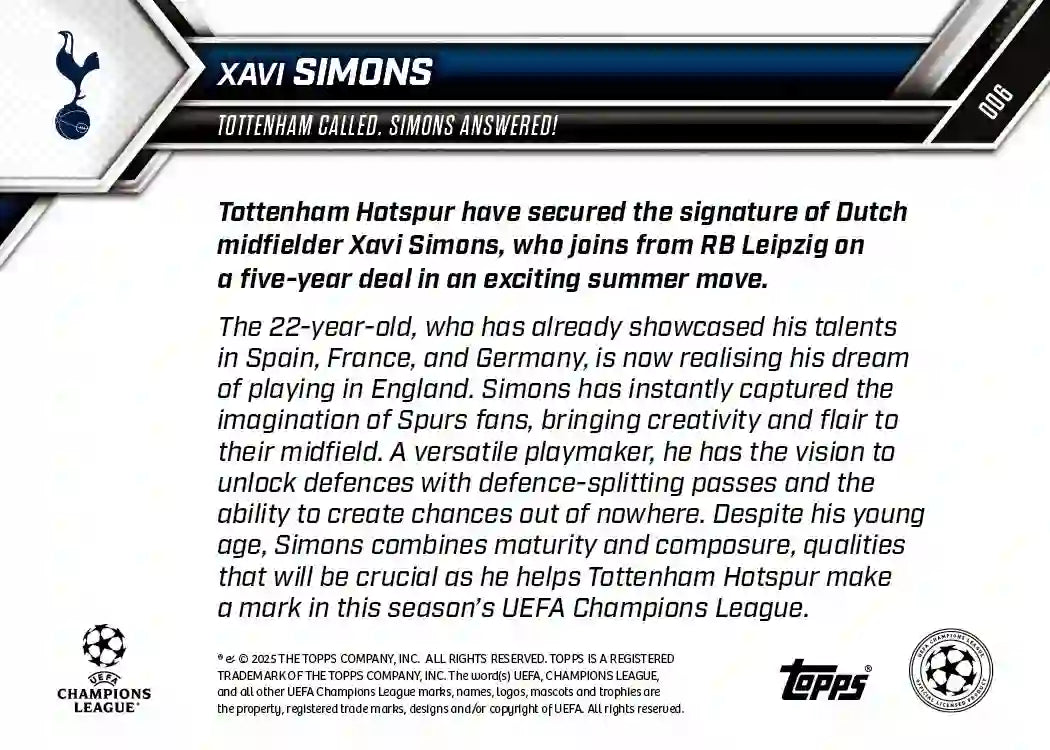 Topps Now - UEFA Champions League 2025-26 - Xavi Simons - Card #006