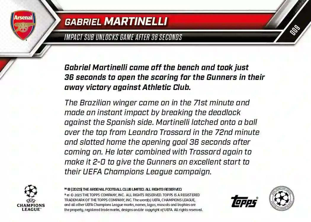 Topps Now - UEFA Champions League 2025-26 - Gabriel Martinelli - Card #009