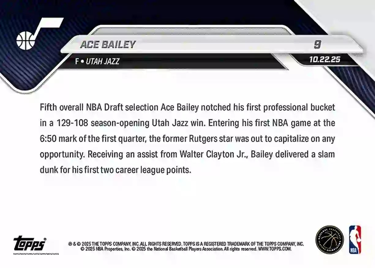 Ace Bailey - 2025-26 NBA Topps NOW - Rookie RC - Card 009 - WTC