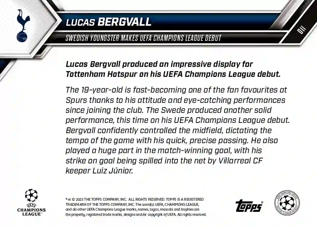 Topps Now - UEFA Champions League 2025-26 - Lucas Bergvall - Card #011