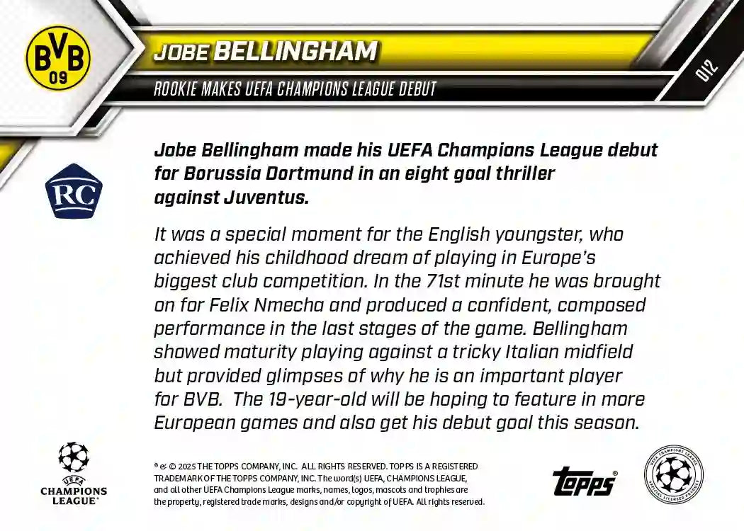 Topps Now - UEFA Champions League 2025-26 - Jobe Bellingham - Rookie RC - Card #012