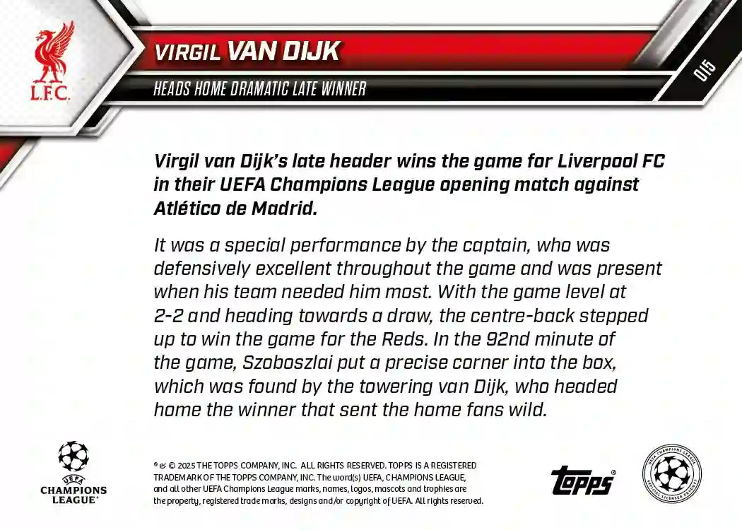 Topps Now - UEFA Champions League 2025-26 - Virgil Van Dijk - Card #015