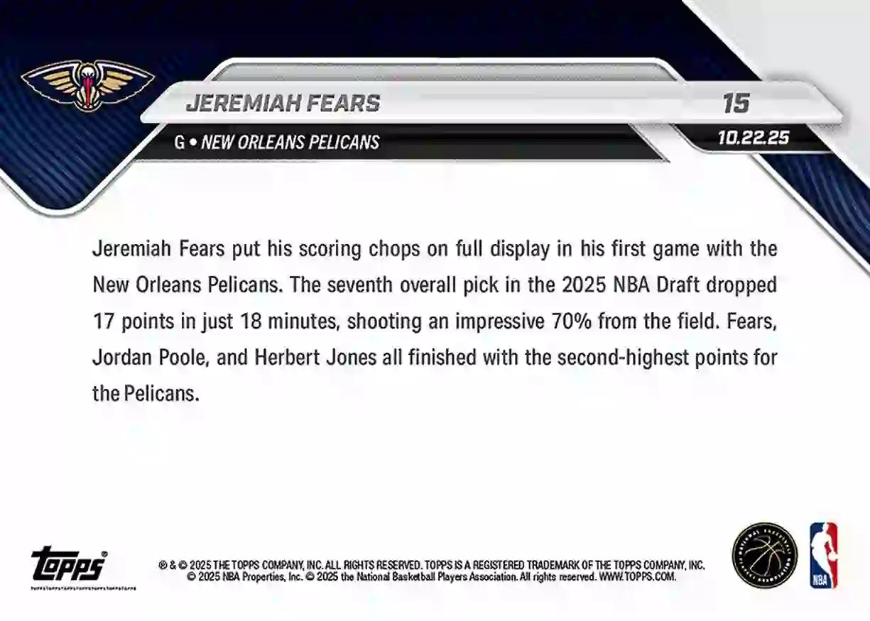 Jeremiah Fears - 2025-26 NBA Topps NOW - Rookie RC - Card 015 - WTC
