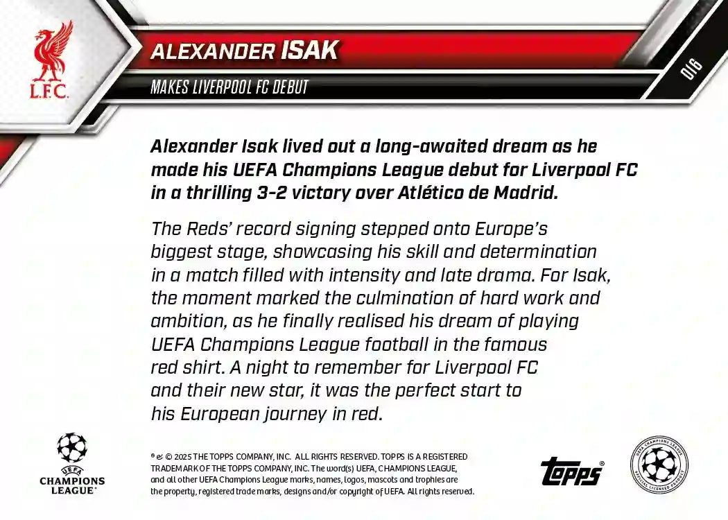 Topps Now - UEFA Champions League 2025-26 - Alexander Isak - Card #016