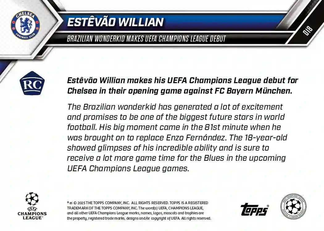 Topps Now - UEFA Champions League 2025-26 - Estevao Willian - Rookie RC - Card #018