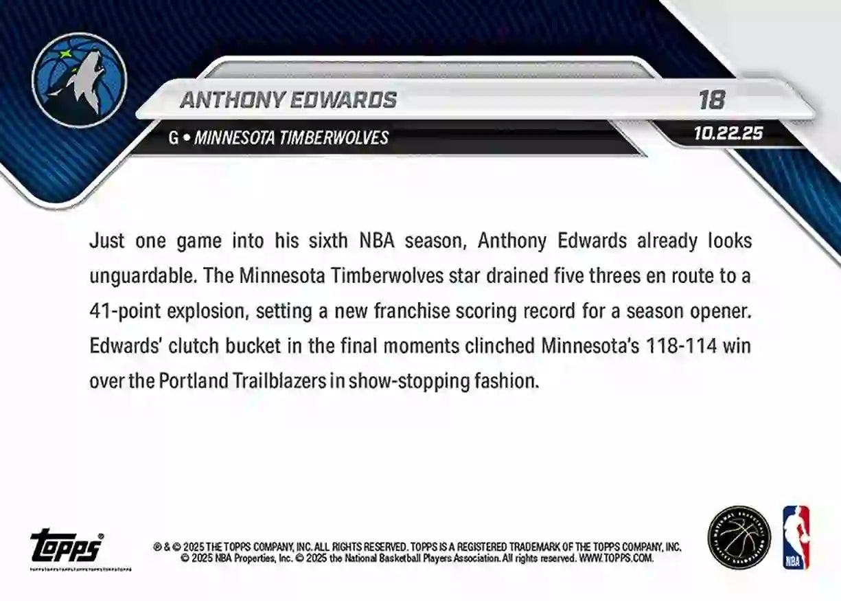 Anthony Edwards - 2025-26 NBA Topps NOW - Card 018 - WTC