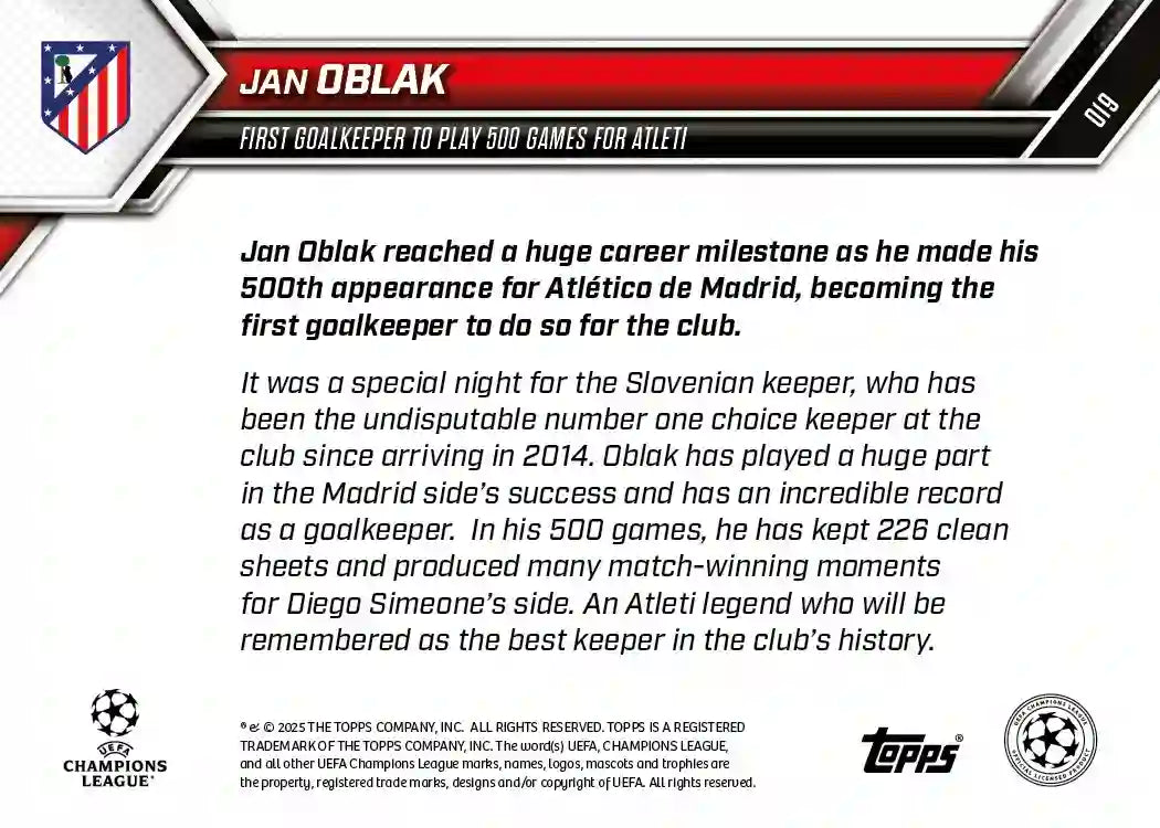 Topps Now - UEFA Champions League 2025-26 - Jan Oblak - Card #019