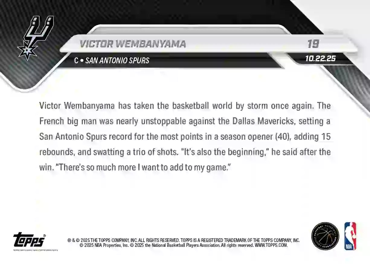 Victor Wembayama - 2025-26 NBA Topps NOW - Card 019 - WTC