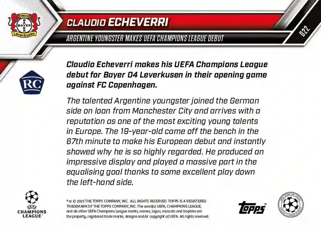 Topps Now - UEFA Champions League 2025-26 - Claudio Echeverri - Card #022