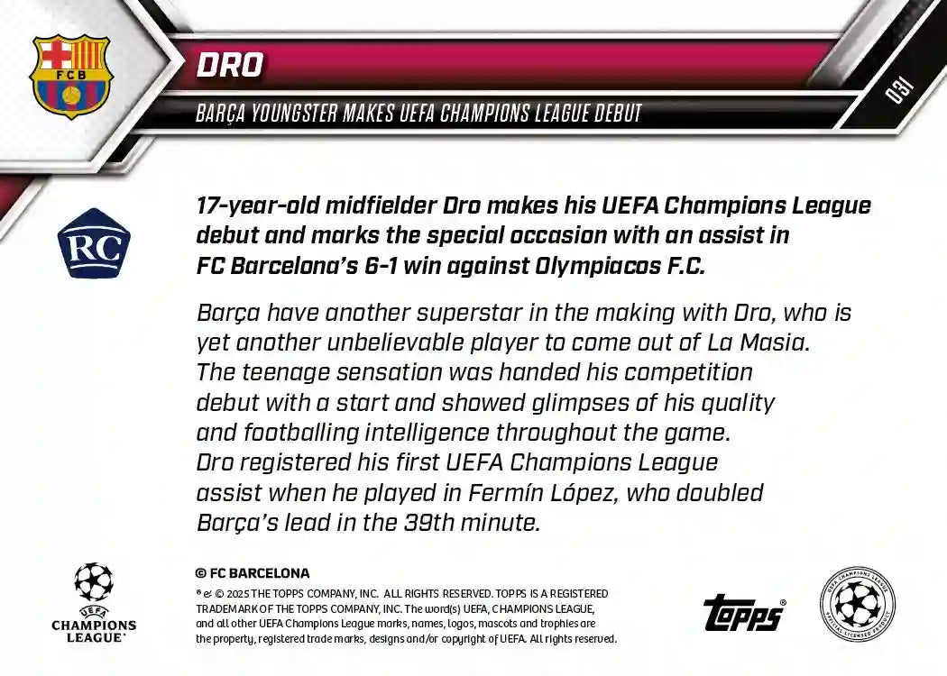 Dro - 2025-26 UCL Topps NOW - Card 31 - Rookie RC - World Trading Cards - OFERTA HASTA EL 04/11/2025