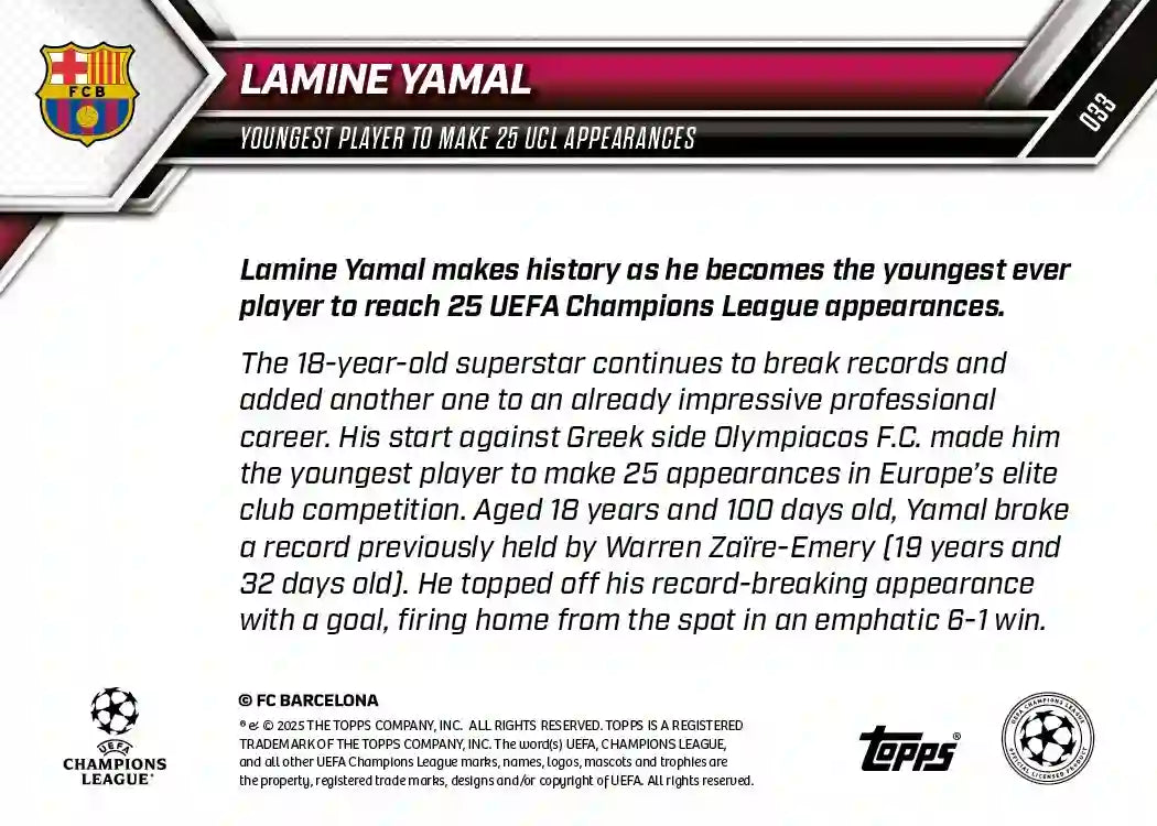 Lamine Yamal - 2025-26 UCL Topps NOW - Card 33 - World Trading Cards - OFERTA HASTA EL 04/11/2025