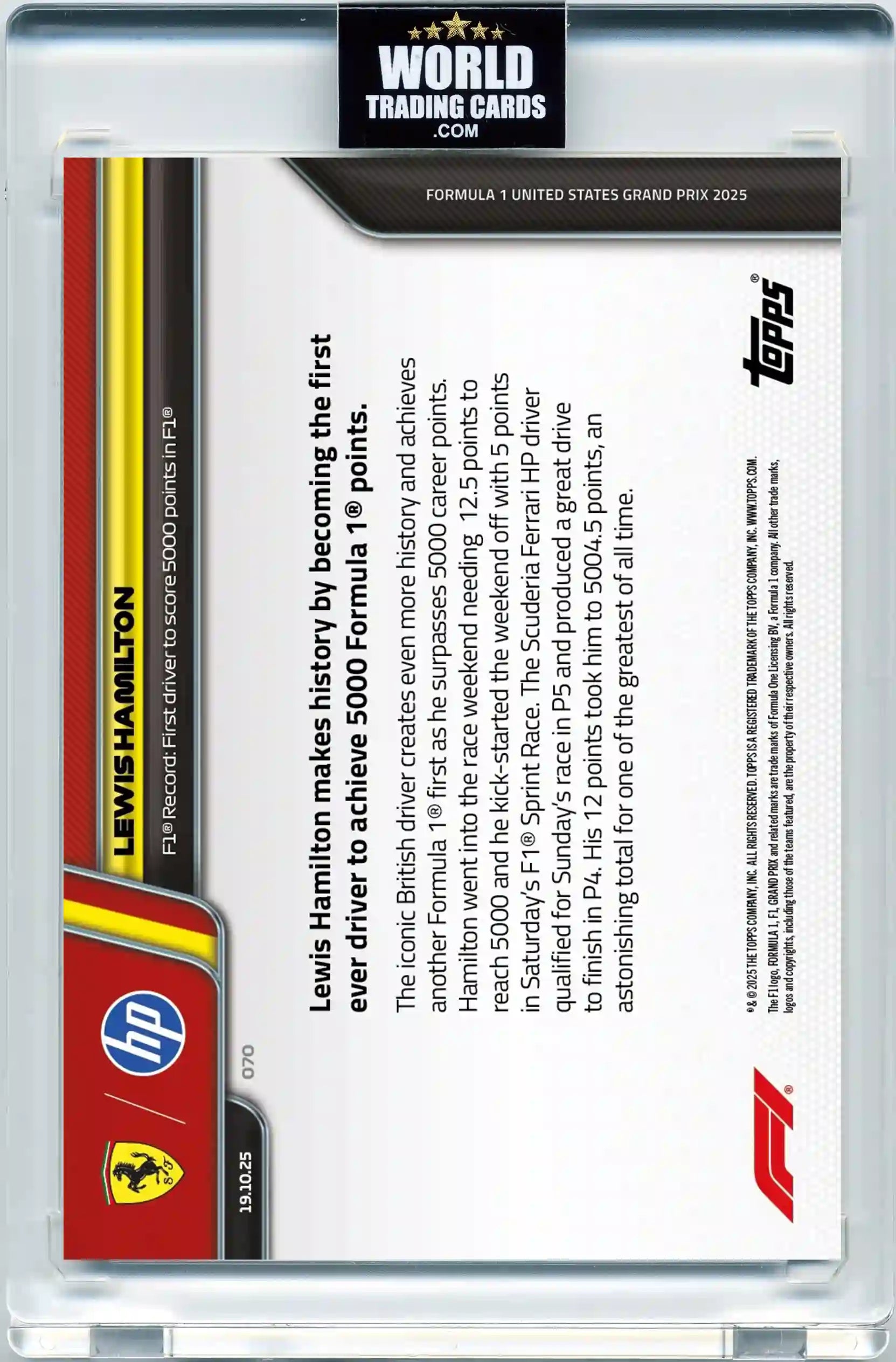 Lewis Hamilton - 2025 Formula 1 - Topps NOW - Card 70 - Pristine 10 - WTC - OFERTA HASTA EL 29/10/2025