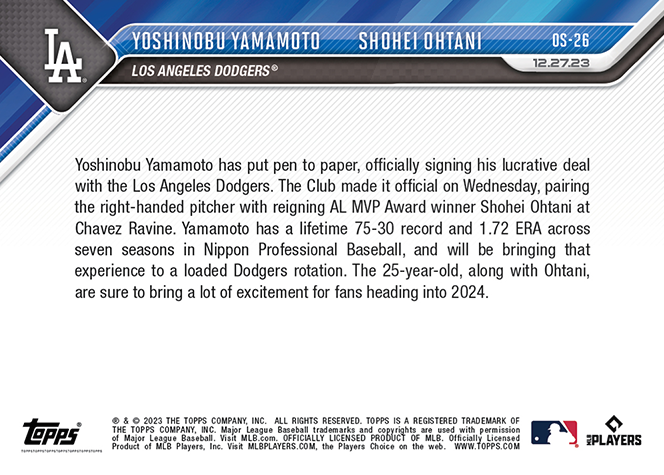 Shohei Ohtani / Yoshinobu Yamamoto - 2023 - Topps Now MLB - #OS-26 - Dodgers - Reunite in Los Angeles - World Trading Cards