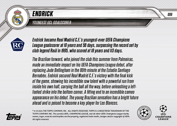 Endrick - 2024 - Topps Now UCL - Real Madrid - YOUNGETS UCL GOALSCORER- #006 - World Trading Cards