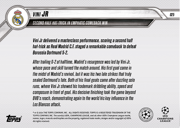 Vinicius Jr. - 2024 - Topps Now UCL - Real Madrid - HAT-TRICK - #025 - World Trading Cards