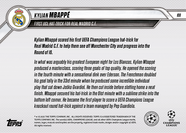 Kylian Mbappe - 2025 - Topps Now UCL - 1º Hat - Trick en UCL con Real Madrid - #108 - World Trading Cards