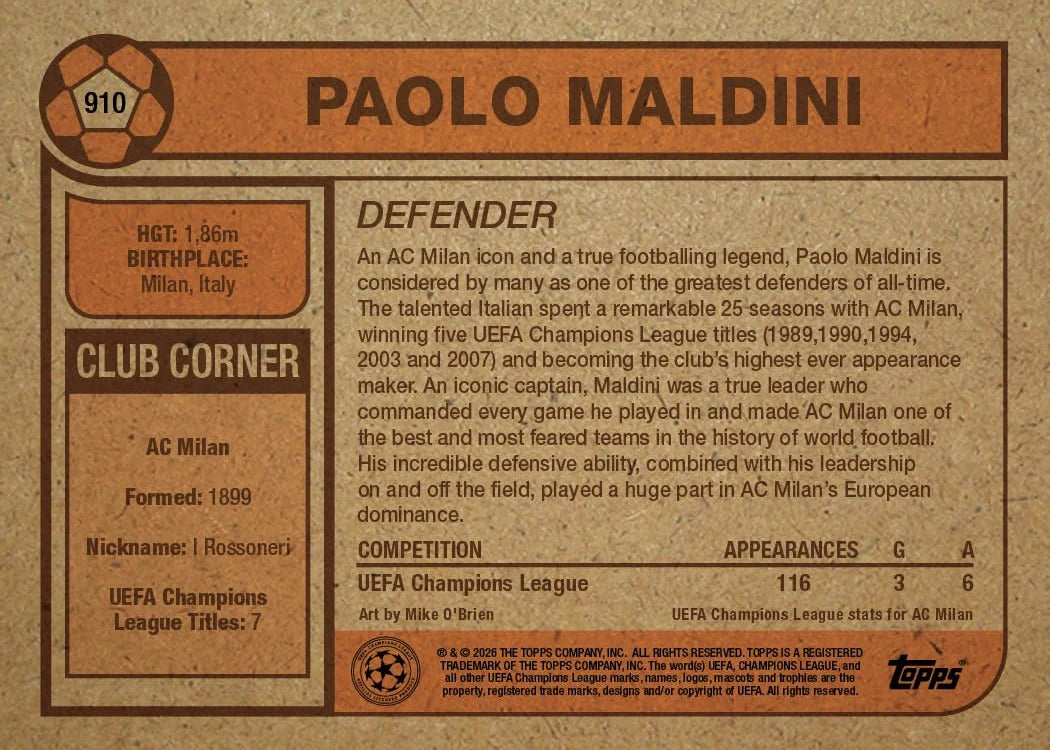 2026 | Topps | Living Set | UCC | #910 | Paolo Maldini | AC Milan | BAJO PEDIDO | ENVÍO 30 días aproximadamente desde la fecha de compra.
