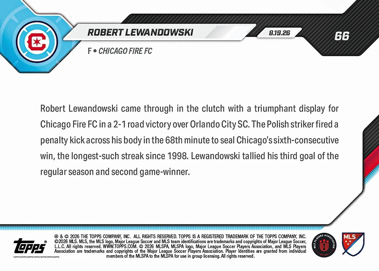 2026 | Topps | Now | MLS | Robert Lewandowski | Base | #066 | Limited Editions | BAJO PEDIDO | ENVÍO 30 días aproximadamente desde la fecha de compra.