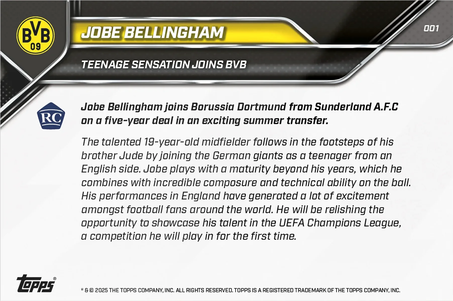 Jobe Bellingham - Topps NOW Uefa Champions League - ROOKIE - Card #001 - Borussia Dortmund - World Trading Cards
