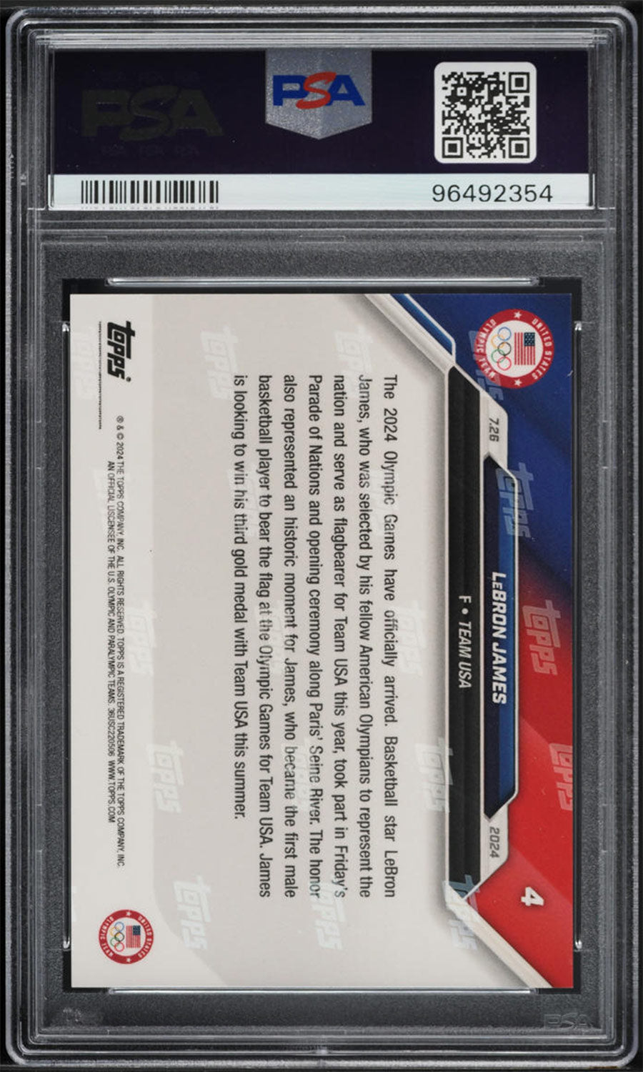 LeBron James - 2024 - Topps Now Olympic Game Paris 2024 - #004 - Standard Bearer - PSA 10 - World Trading Cards - Basketball Card - Chrome Graded