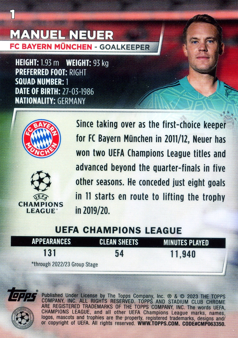 Cromo Trading Card Fútbol-Manuel Neuer-FC Bayern München-Topps Stadium Club Uefa Chrome 2022-2023-#001-Básico Parallel-1
