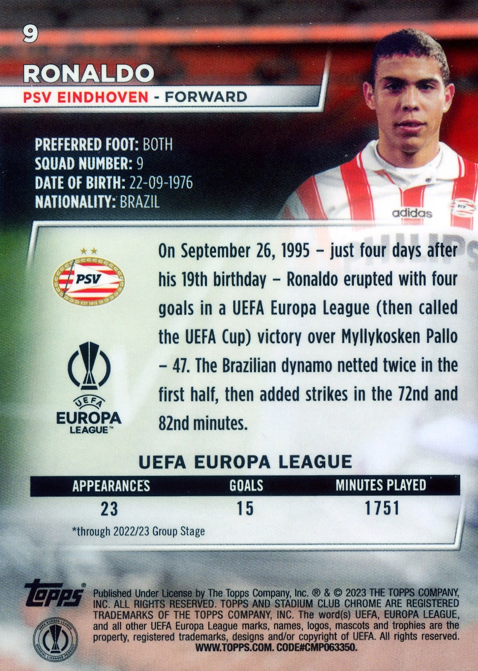 Cromo Trading Card Fútbol-Ronaldo-PSV Eindhoven-Topps Stadium Club Uefa Chrome 2022-2023-#009-Básico Parallel-1