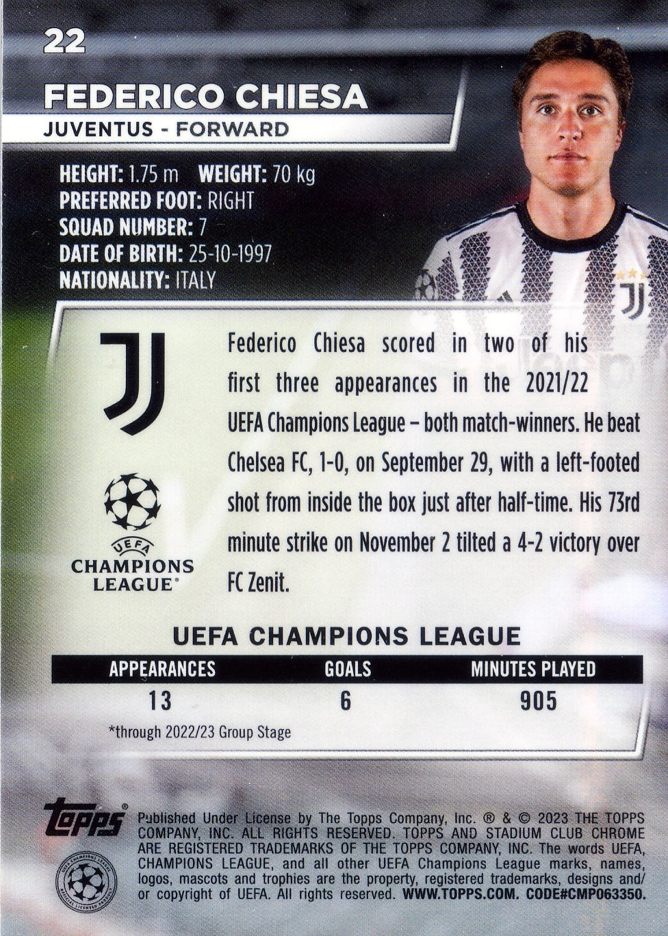 Cromo Trading Card Fútbol-Federico Chiesa-Juventus-Topps Stadium Club Uefa Chrome 2022-2023-#022-Básico Parallel-1