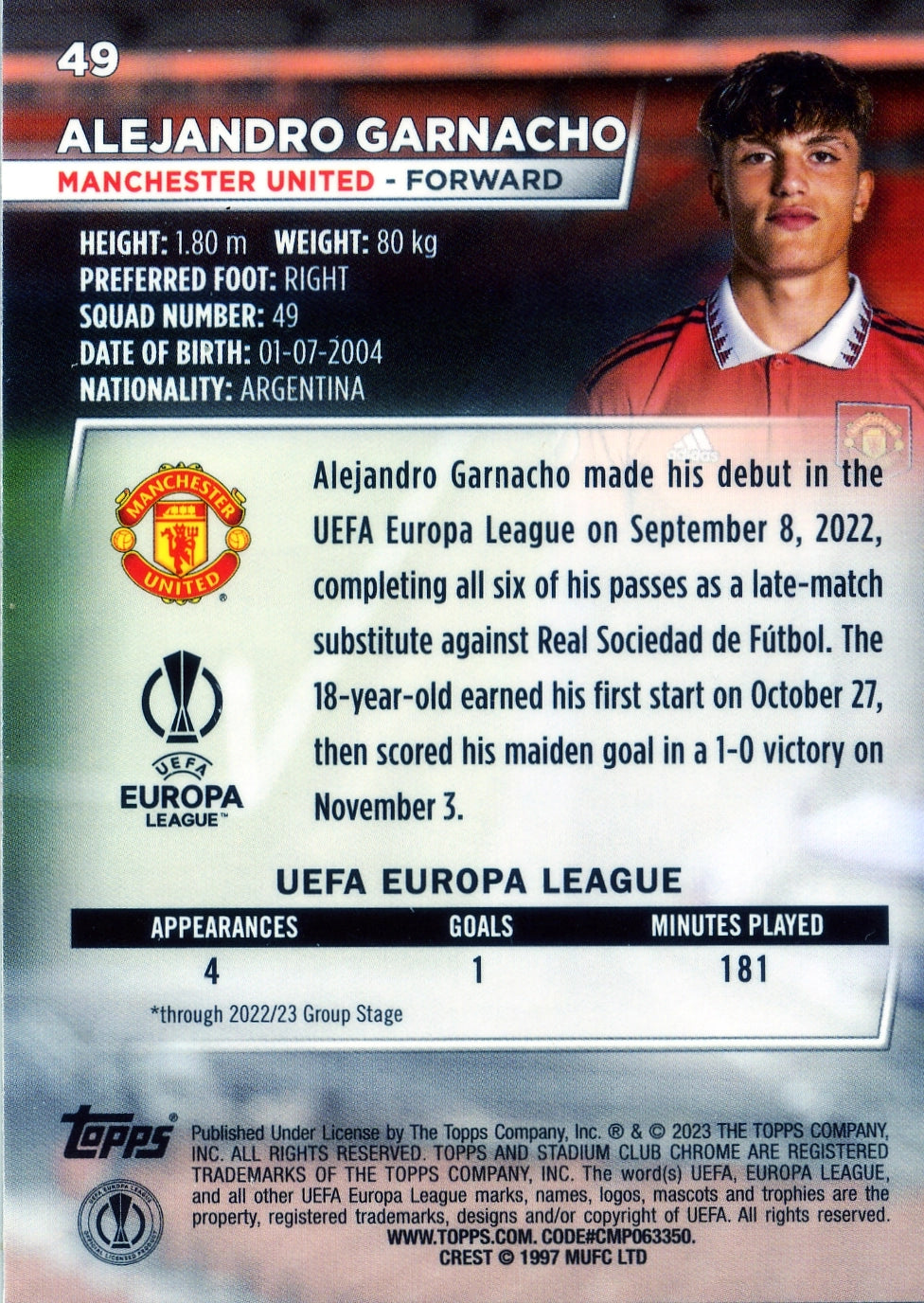 Cromo Trading Card Fútbol-Alejandro Garnacho-Manchester United-Topps Stadium Club Uefa Chrome 2022-2023-#049-Básico Parallel-1