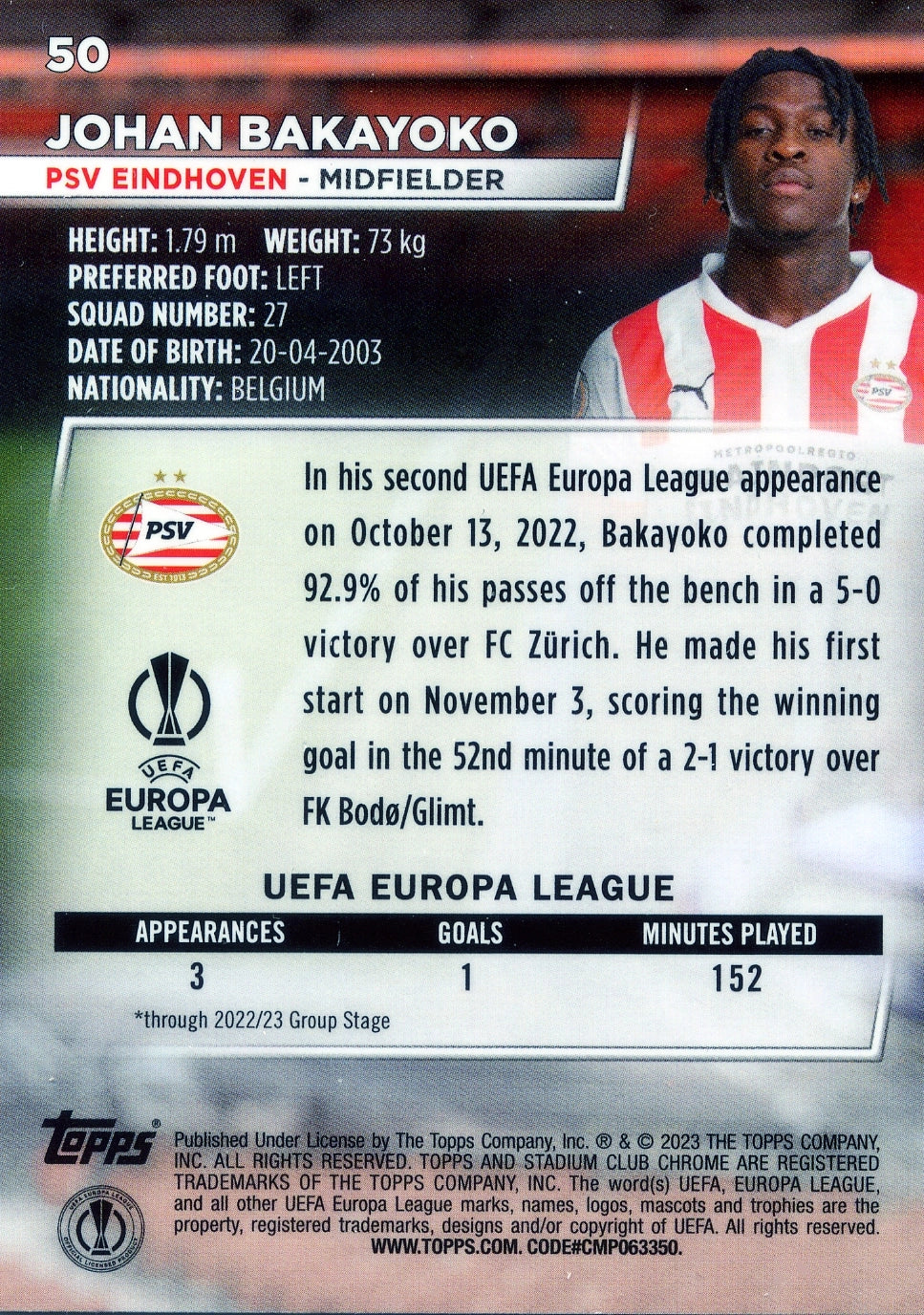 Cromo Trading Card Fútbol-Johan Bakayoko-PSV Eindhoven-Topps Stadium Club Uefa Chrome 2022-2023-#050-Básico Parallel-1