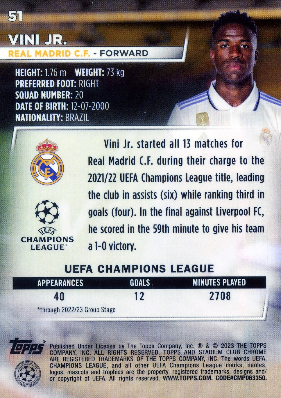 Cromo Trading Card Fútbol-Vini Jr.-Real Madrid CF-Topps Stadium Club Uefa Chrome 2022-2023-#051-Básico Parallel-1