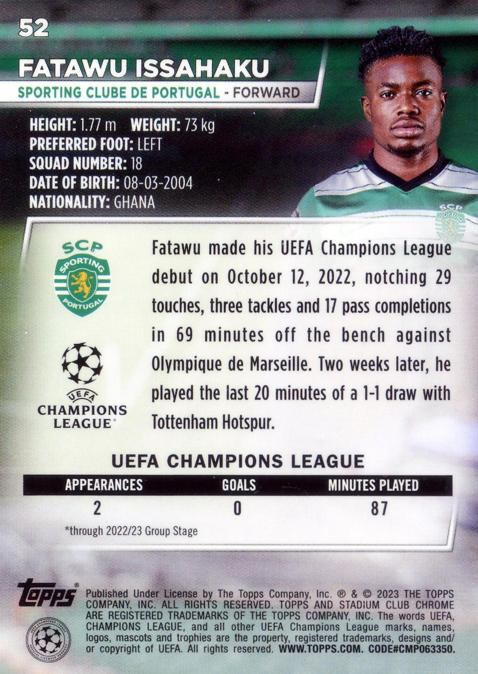 Cromo Trading Card Fútbol-Fatawu Issahaku-Sporting Clube de Portugal-Topps Stadium Club Uefa Chrome 2022-2023-#052-Básico Parallel-1