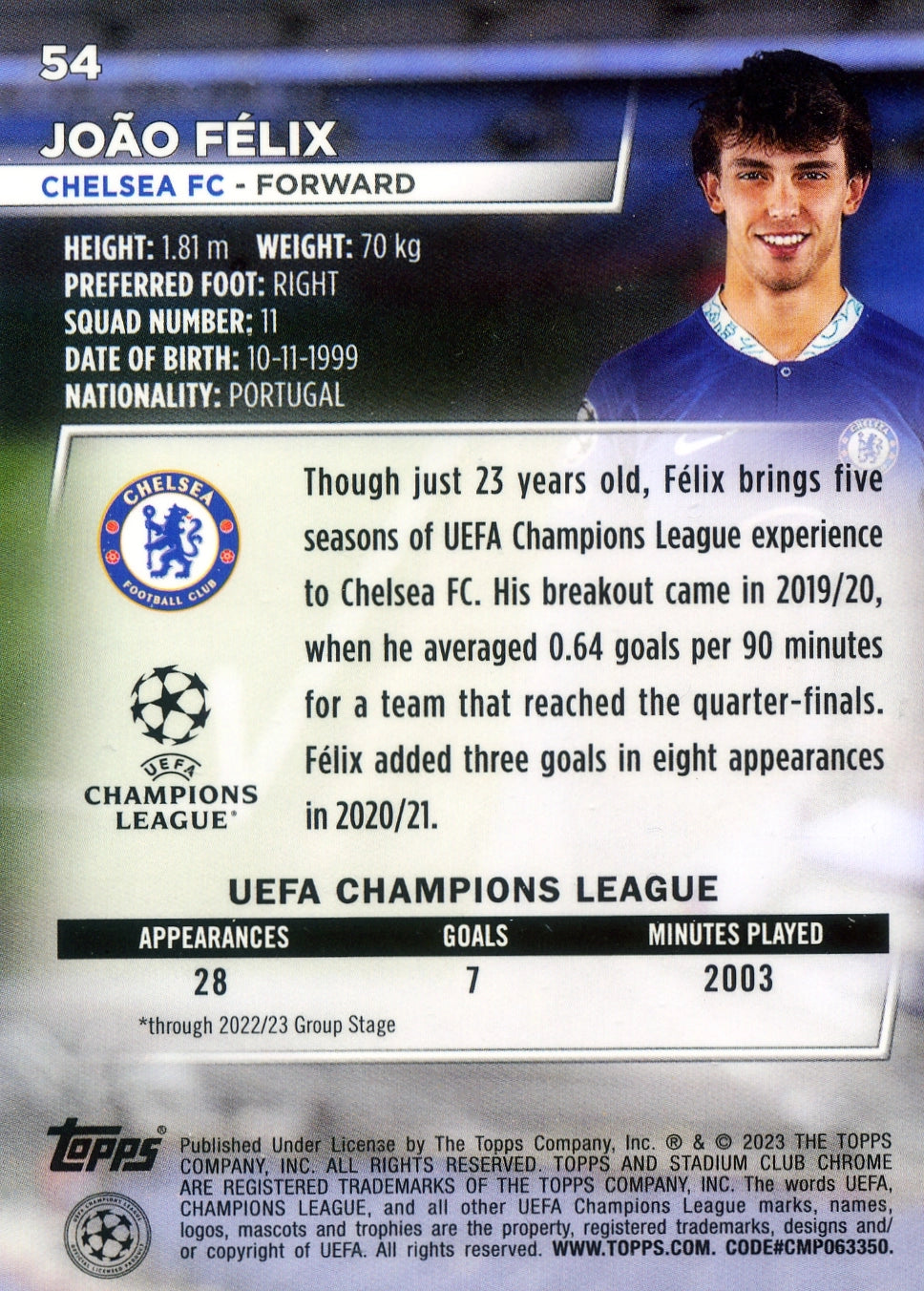 Cromo Trading Card Fútbol-João Félix-Chelsea FC-Topps Stadium Club Uefa Chrome 2022-2023-#054-Básico Parallel-1