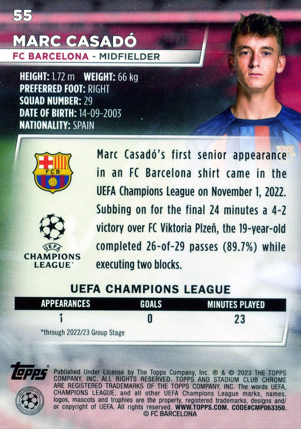 Cromo Trading Card Fútbol-Marc Casadó-FC Barcelona-Topps Stadium Club Uefa Chrome 2022-2023-#055-Básico Parallel-1