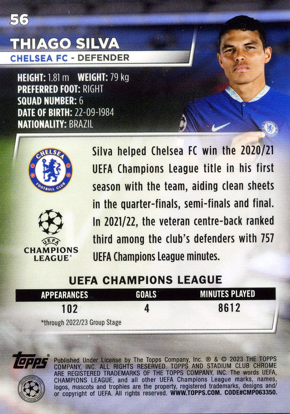Cromo Trading Card Fútbol-Thiago Silva-Chelsea FC-Topps Stadium Club Uefa Chrome 2022-2023-#056-Básico Parallel-1