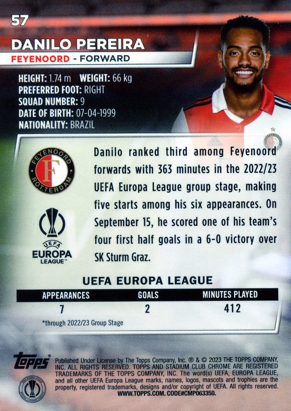 Cromo Trading Card Fútbol-Danilo Pereira-Feyenoord-Topps Stadium Club Uefa Chrome 2022-2023-#057-Básico Parallel-1