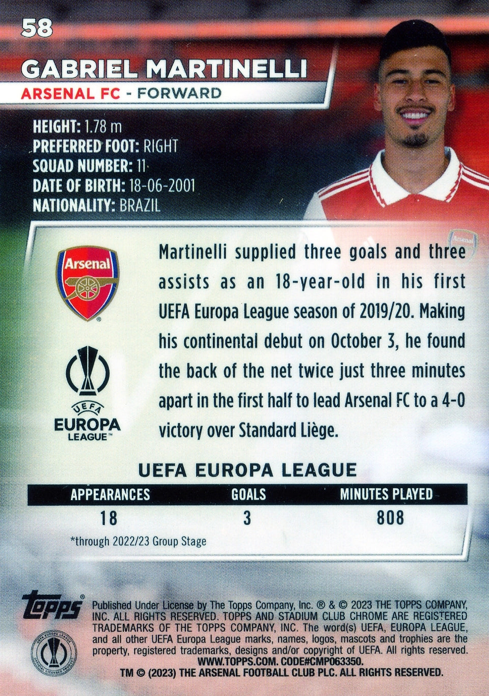 Cromo Trading Card Fútbol-Gabriel Martinelli-Arsenal FC-Topps Stadium Club Uefa Chrome 2022-2023-#058-Básico Parallel-1