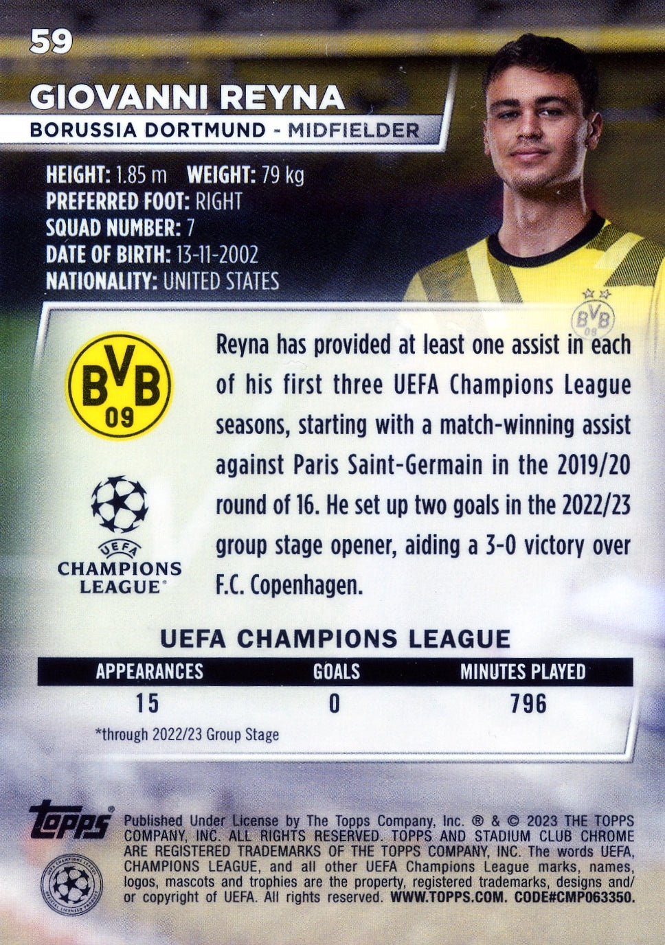 Cromo Trading Card Fútbol-Giovanni Reyna-Borussia Dortmund-Topps Stadium Club Uefa Chrome 2022-2023-#059-Básico Parallel-1