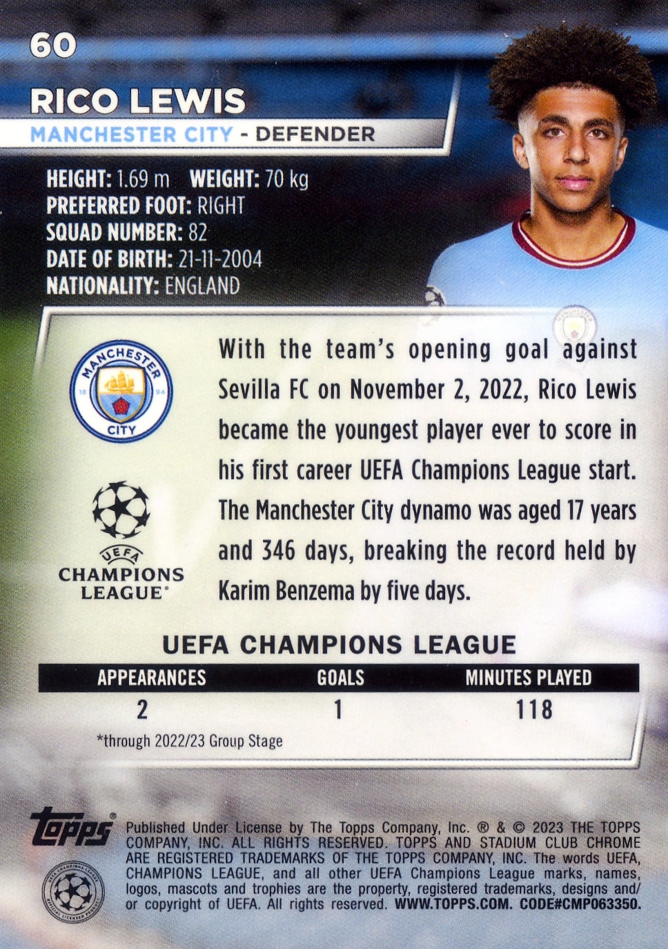 Cromo Trading Card Fútbol-Rico Lewis-Manchester City-Topps Stadium Club Uefa Chrome 2022-2023-#060-Básico Parallel-1