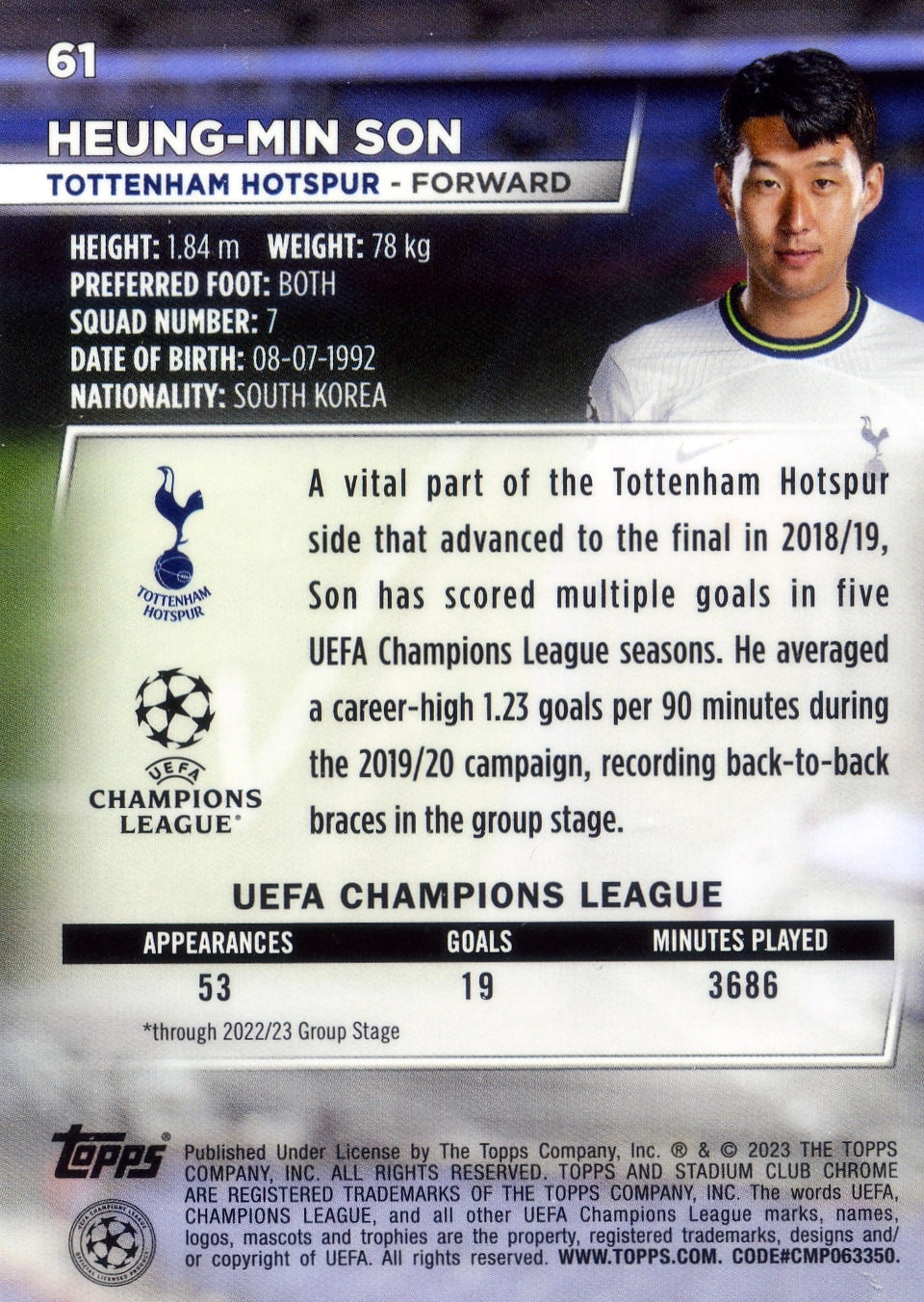 Cromo Trading Card Fútbol-Heung-Min Son-Tottenham Hotspur-Topps Stadium Club Uefa Chrome 2022-2023-#061-Básico Parallel-1
