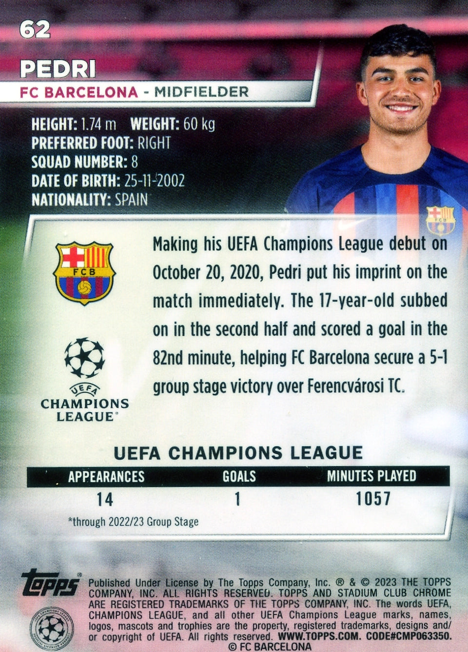 Cromo Trading Card Fútbol-Pedri-FC Barcelona-Topps Stadium Club Uefa Chrome 2022-2023-#062-Básico Parallel-1
