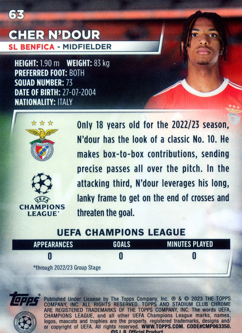 Cromo Trading Card Fútbol-Cher N'dour-SL Benfica-Topps Stadium Club Uefa Chrome 2022-2023-#063-Básico Parallel-1