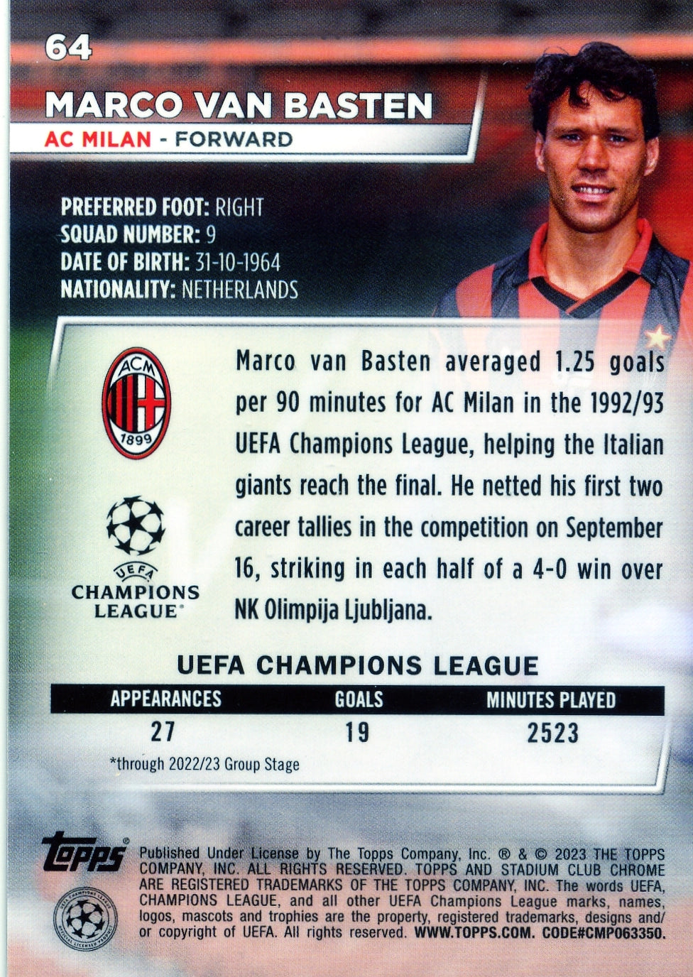 Cromo Trading Card Fútbol-Marco van Basten-AC Milan-Topps Stadium Club Uefa Chrome 2022-2023-#064-Básico Parallel-1