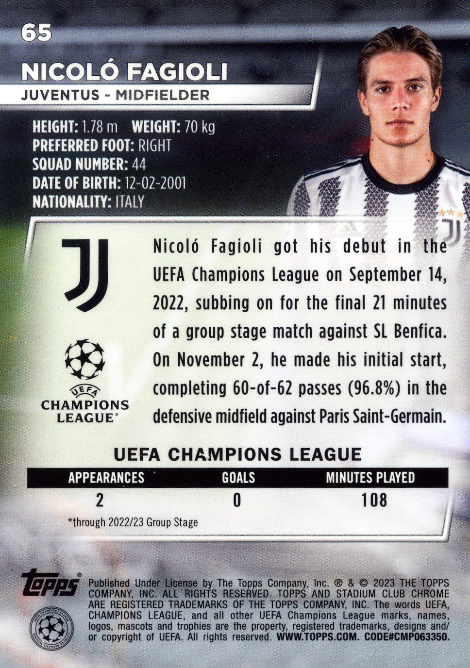 Cromo Trading Card Fútbol-Nicolo Fagioli-Juventus-Topps Stadium Club Uefa Chrome 2022-2023-#065-Básico Parallel-1