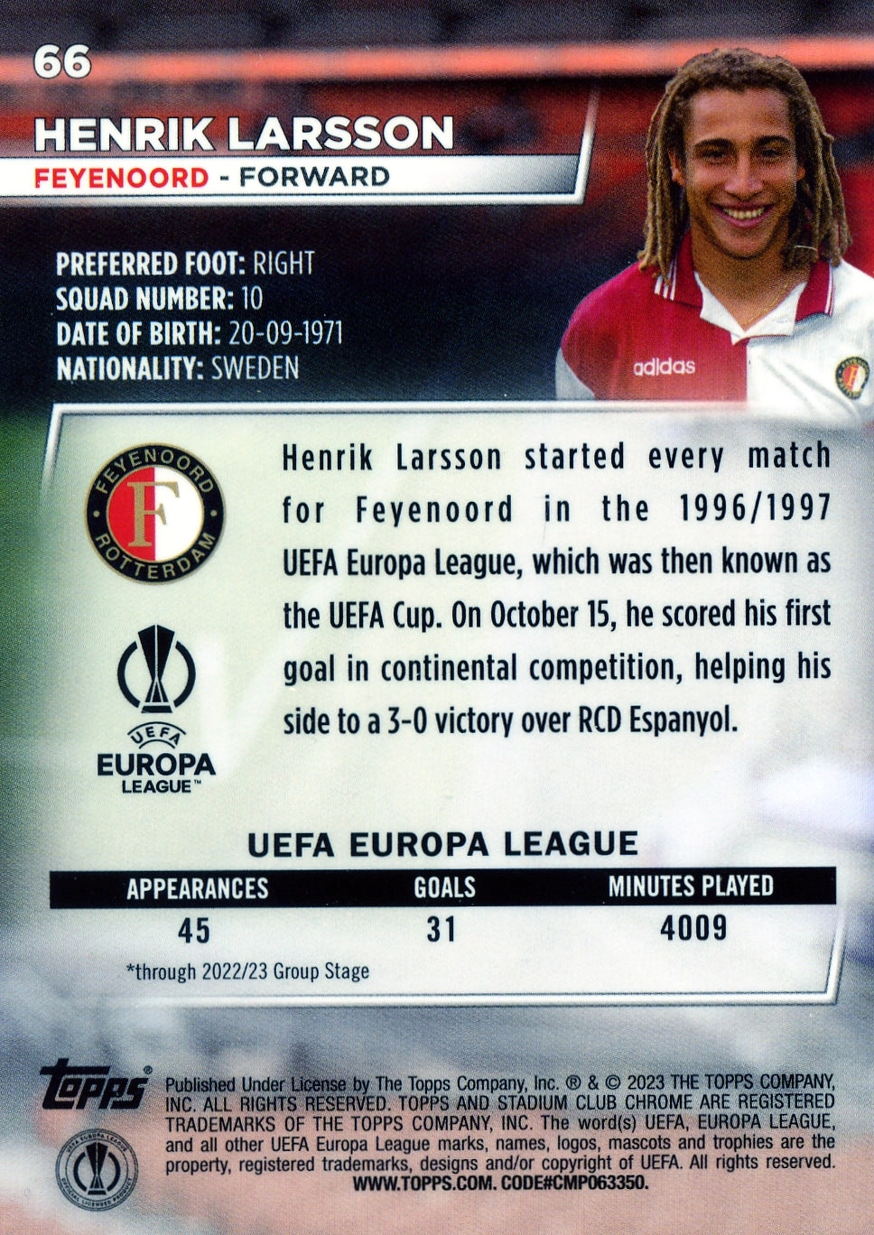 Cromo Trading Card Fútbol-Henrik Larsson-Feyenoord-Topps Stadium Club Uefa Chrome 2022-2023-#066-Básico Parallel-1