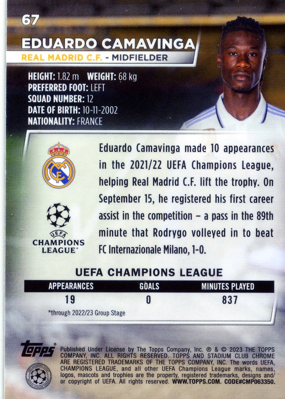 Cromo Trading Card Fútbol-Eduardo Camavinga-Real Madrid CF-Topps Stadium Club Uefa Chrome 2022-2023-#067-Básico Parallel-1