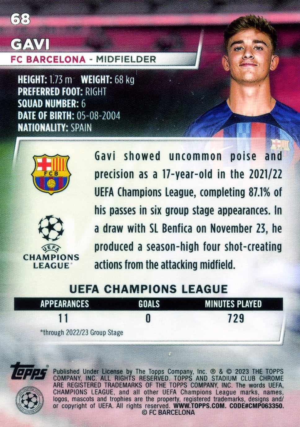 Cromo Trading Card Fútbol-Gavi-FC Barcelona-Topps Stadium Club Uefa Chrome 2022-2023-#068-Básico Parallel-1