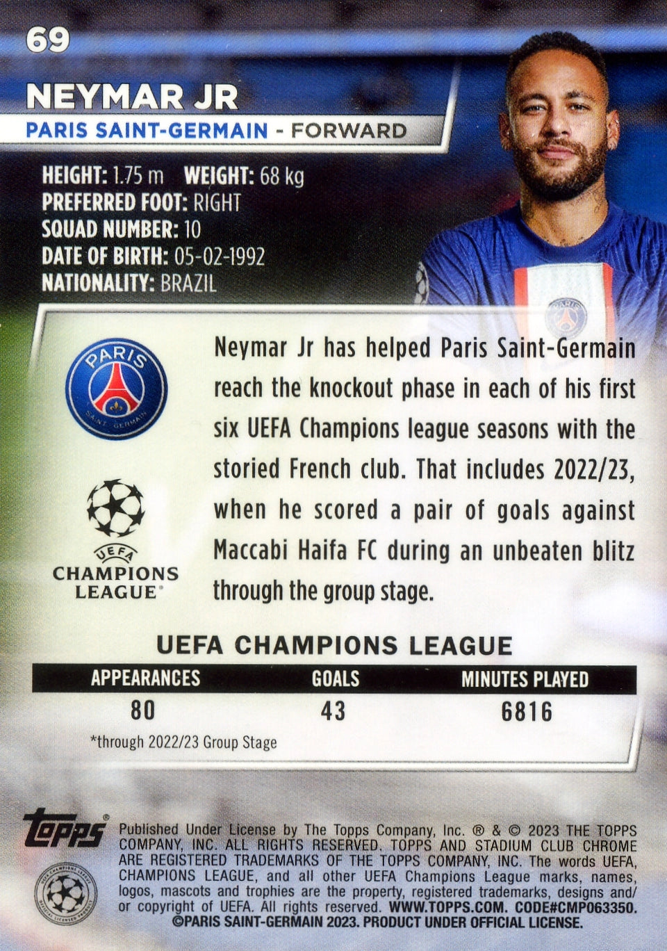 Cromo Trading Card Fútbol-Neymar Jr-Paris Saint-Germain-Topps Stadium Club Uefa Chrome 2022-2023-#069-Básico Parallel-1