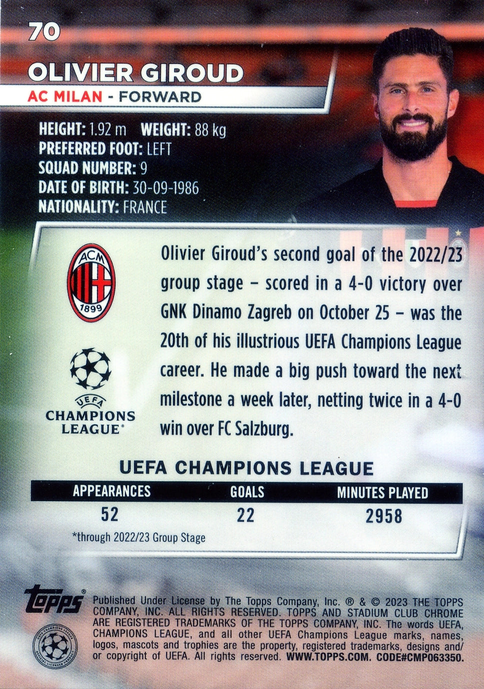 Cromo Trading Card Fútbol-Olivier Giroud-AC Milan-Topps Stadium Club Uefa Chrome 2022-2023-#070-Básico Parallel-1