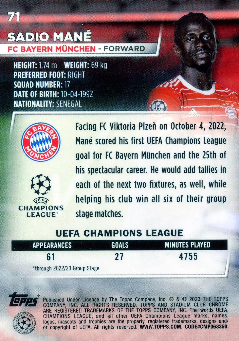 Cromo Trading Card Fútbol-Sadio Mané-FC Bayern München-Topps Stadium Club Uefa Chrome 2022-2023-#071-Básico Parallel-1